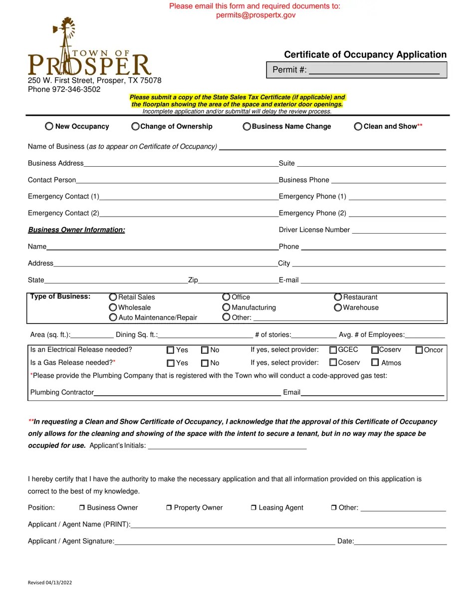 Town of Prosper, Texas Certificate of Occupancy Application Fill Out