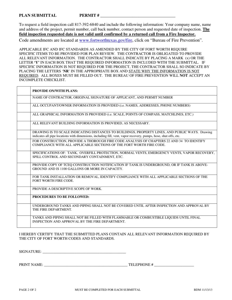 City of Fort Worth, Texas Flammable and Combustible Liquids Construction Permit Fill Out, Sign