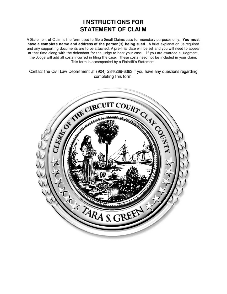 Clay County, Florida Statement of Claim Fill Out, Sign Online and