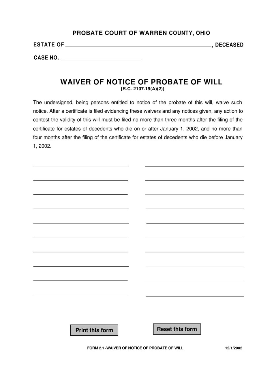 Form 2.1 Fill Out, Sign Online and Download Fillable PDF, Warren