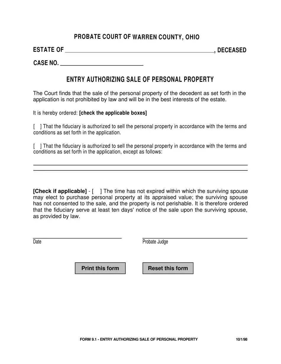 Form 9.1 Fill Out, Sign Online and Download Fillable PDF, Warren