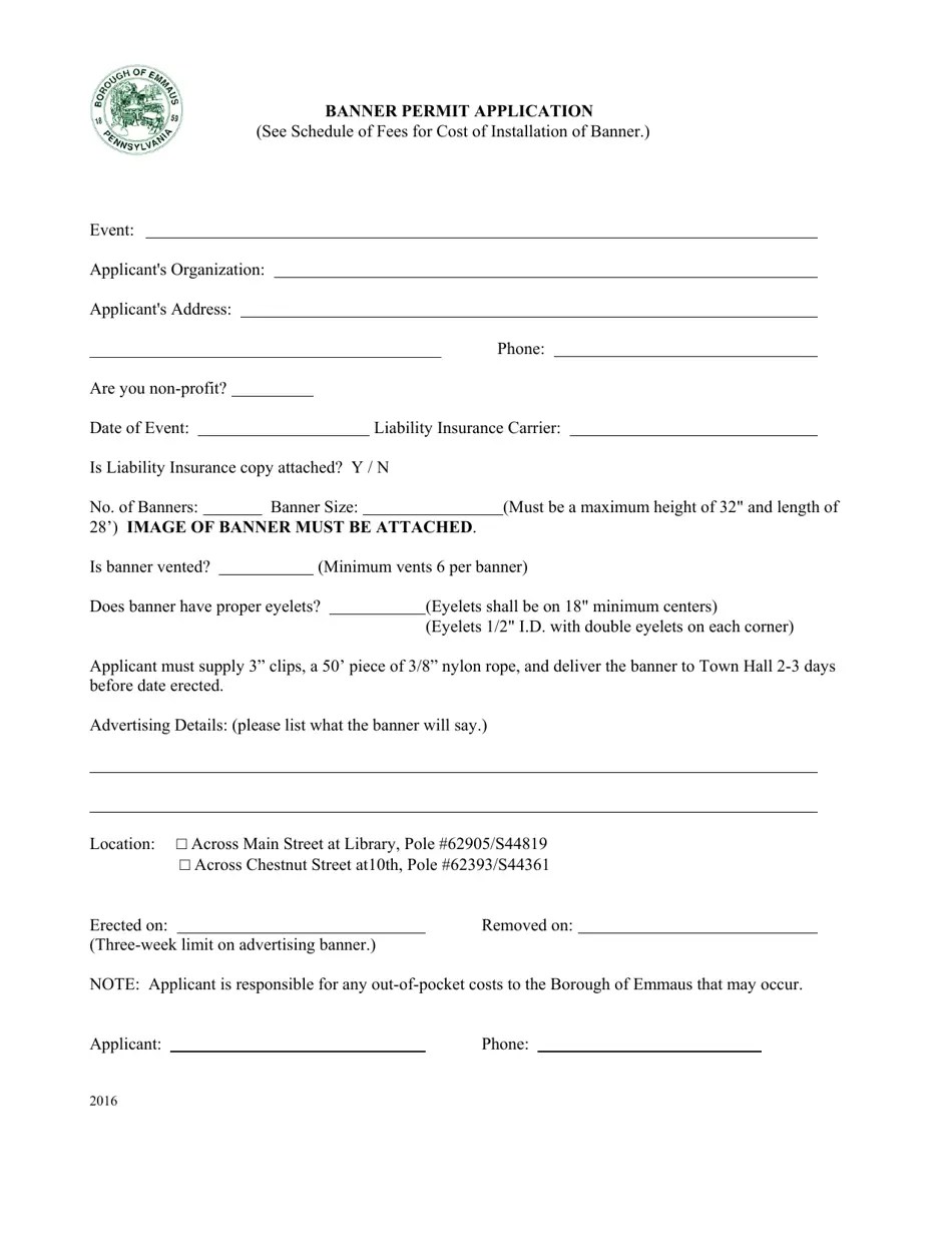 Borough of Emmaus, Pennsylvania Banner Permit Application Fill Out