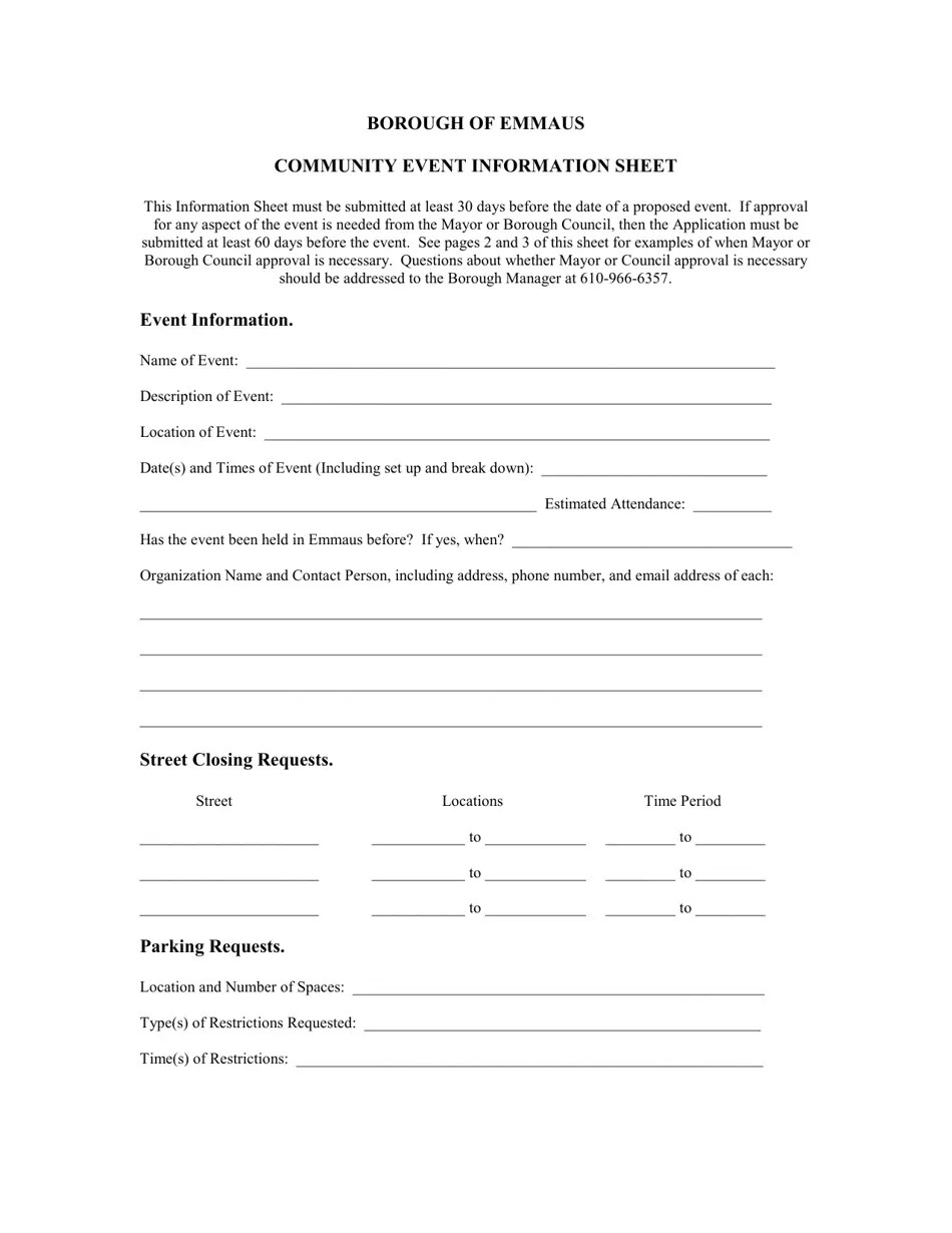 Borough of Emmaus, Pennsylvania Community Event Information Sheet
