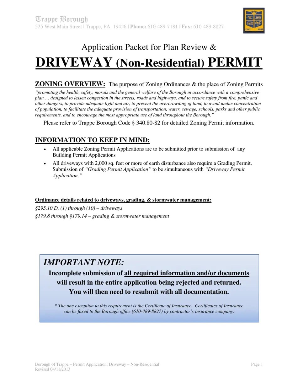 Trappe Borough, Pennsylvania Application Packet for Plan Review