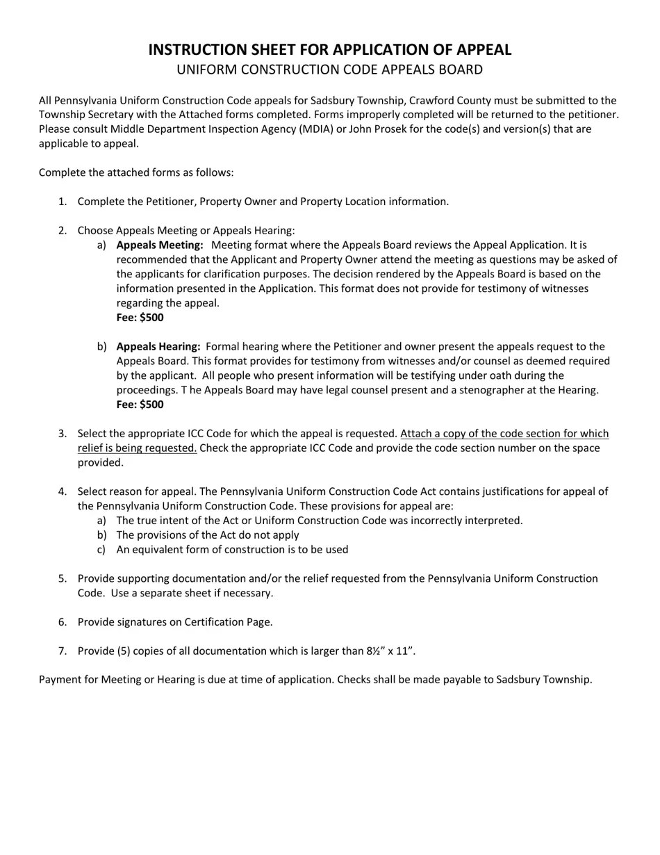 Sadsbury Township, Pennsylvania Uniform Construction Code Appeals Board