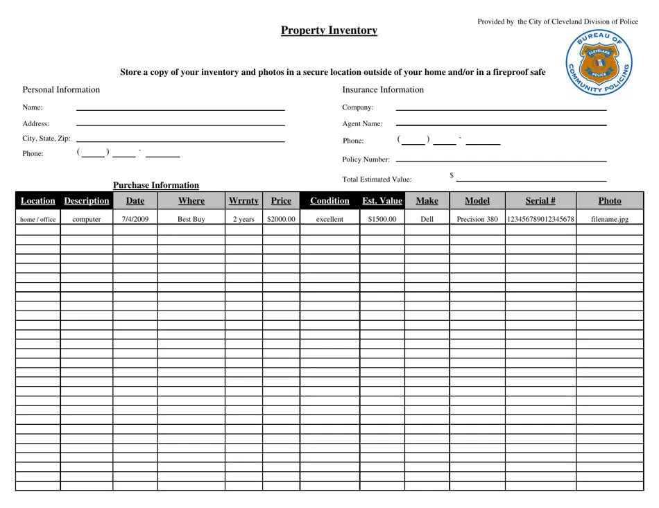 City of Cleveland, Ohio Home Property Inventory Form Fill Out, Sign Online and Download PDF