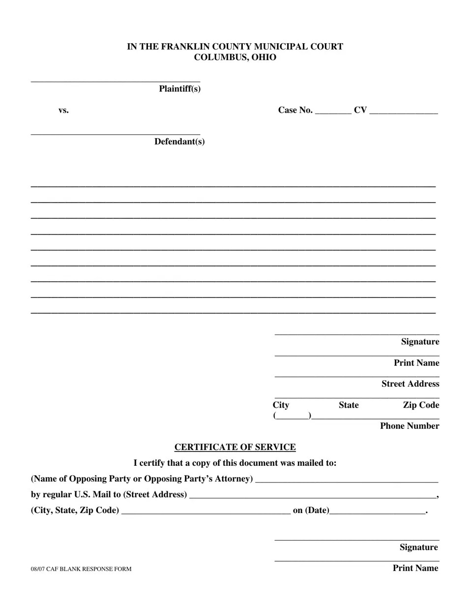 Franklin County, Ohio Civil Response/Motion Form Fill Out, Sign
