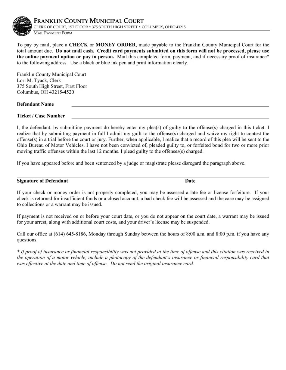 Franklin County, Ohio Mail Payment Form Fill Out, Sign Online and