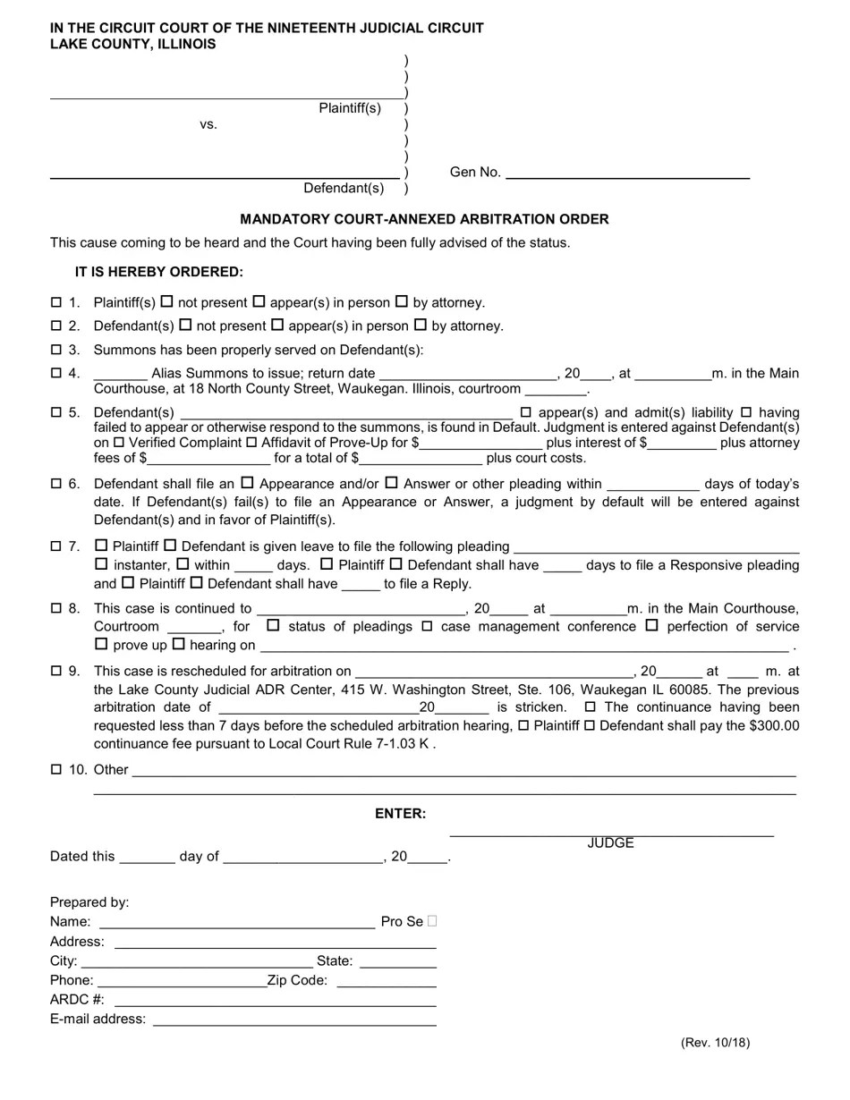 Lake County, Illinois Mandatory CourtAnnexed Arbitration Order Fill