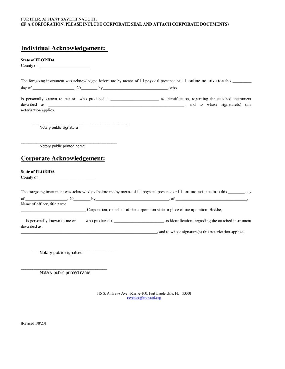 Broward County, Florida Notarized Affidavit Broward County Homestead