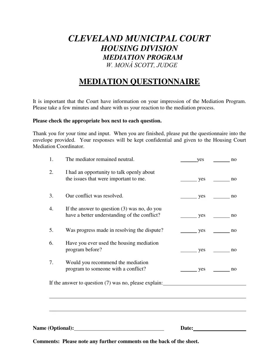 Cuyahoga County, Ohio Mediation Questionnaire Fill Out, Sign Online