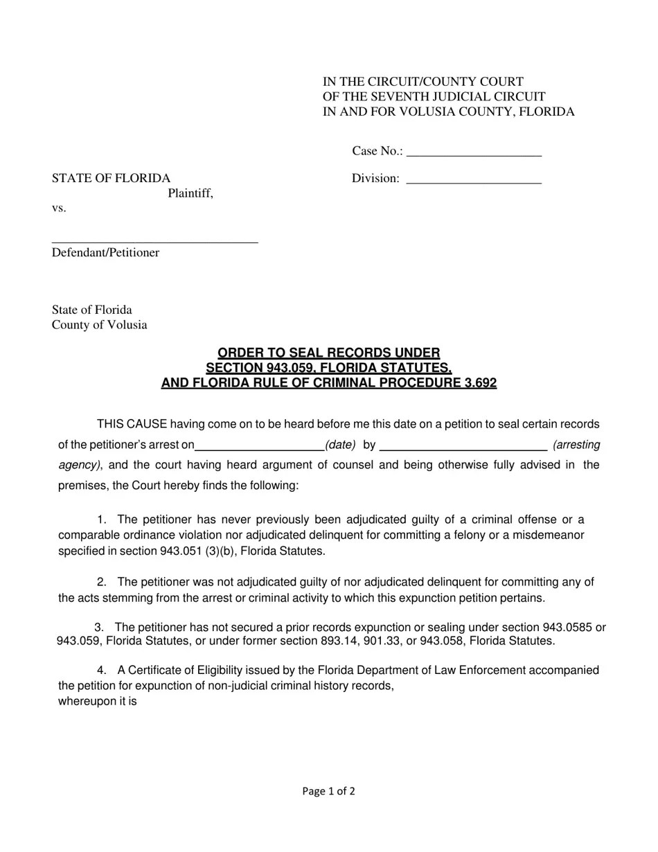 Volusia County, Florida Order to Seal Records Under Section 943.059