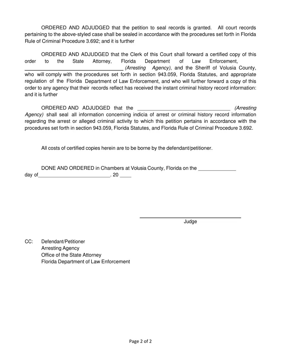 Volusia County, Florida Order to Seal Records Under Section 943.059
