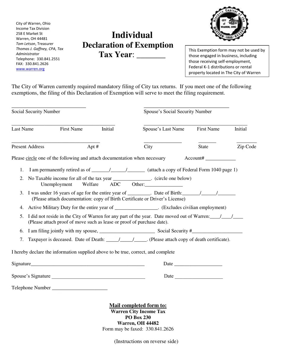 City of Warren, Ohio Individual Declaration of Exemption Fill Out