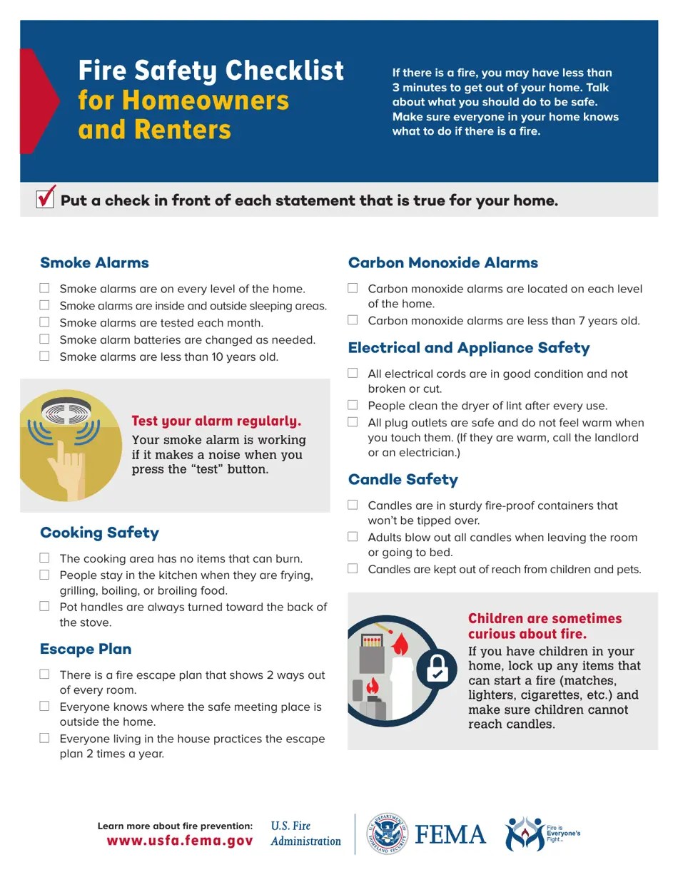 Fire Safety Checklist for Homeowners and Renters Fill Out, Sign