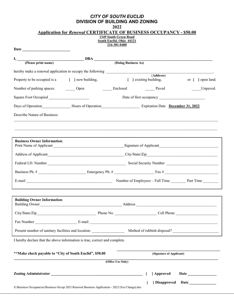 2022 City of South Euclid, Ohio Application for Renewal Certificate of