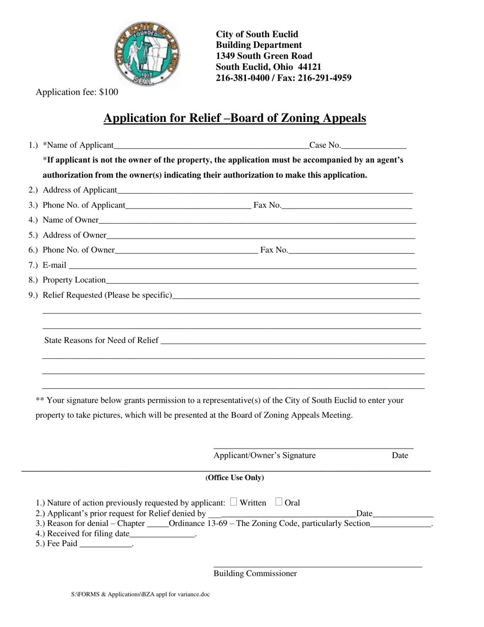 City of South Euclid, Ohio Application for Relief Board of Zoning