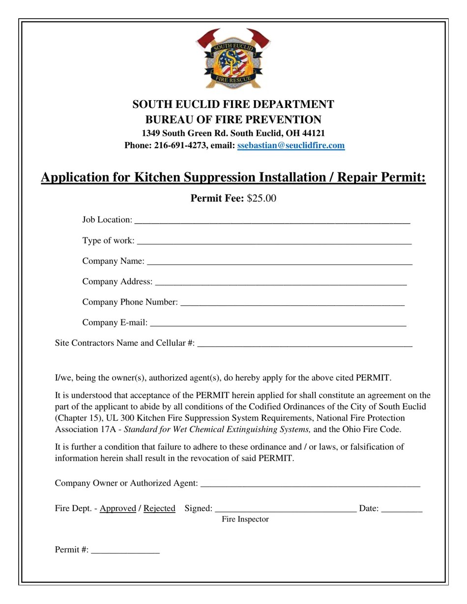 City of South Euclid, Ohio Application for Kitchen Suppression