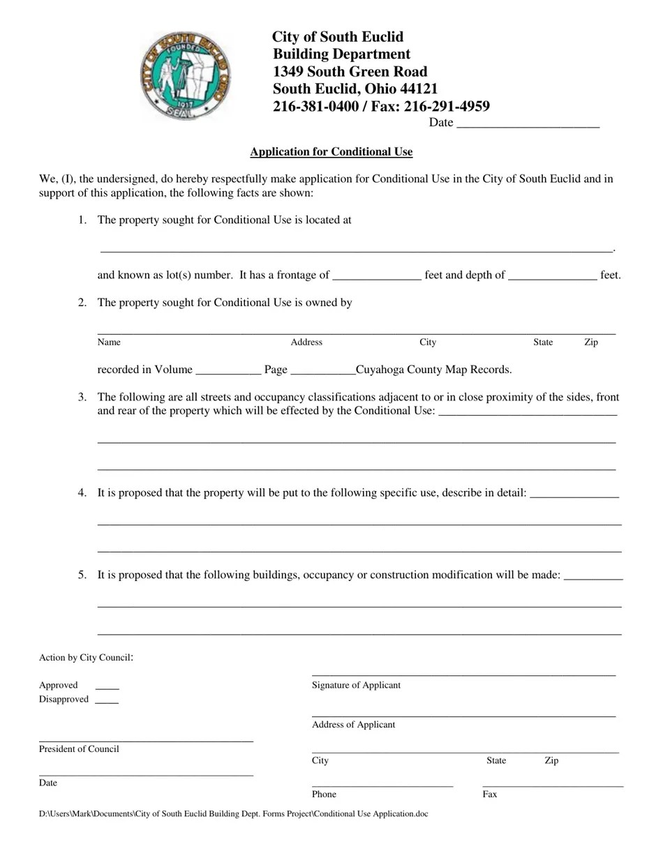 City of South Euclid, Ohio Application for Conditional Use Fill Out