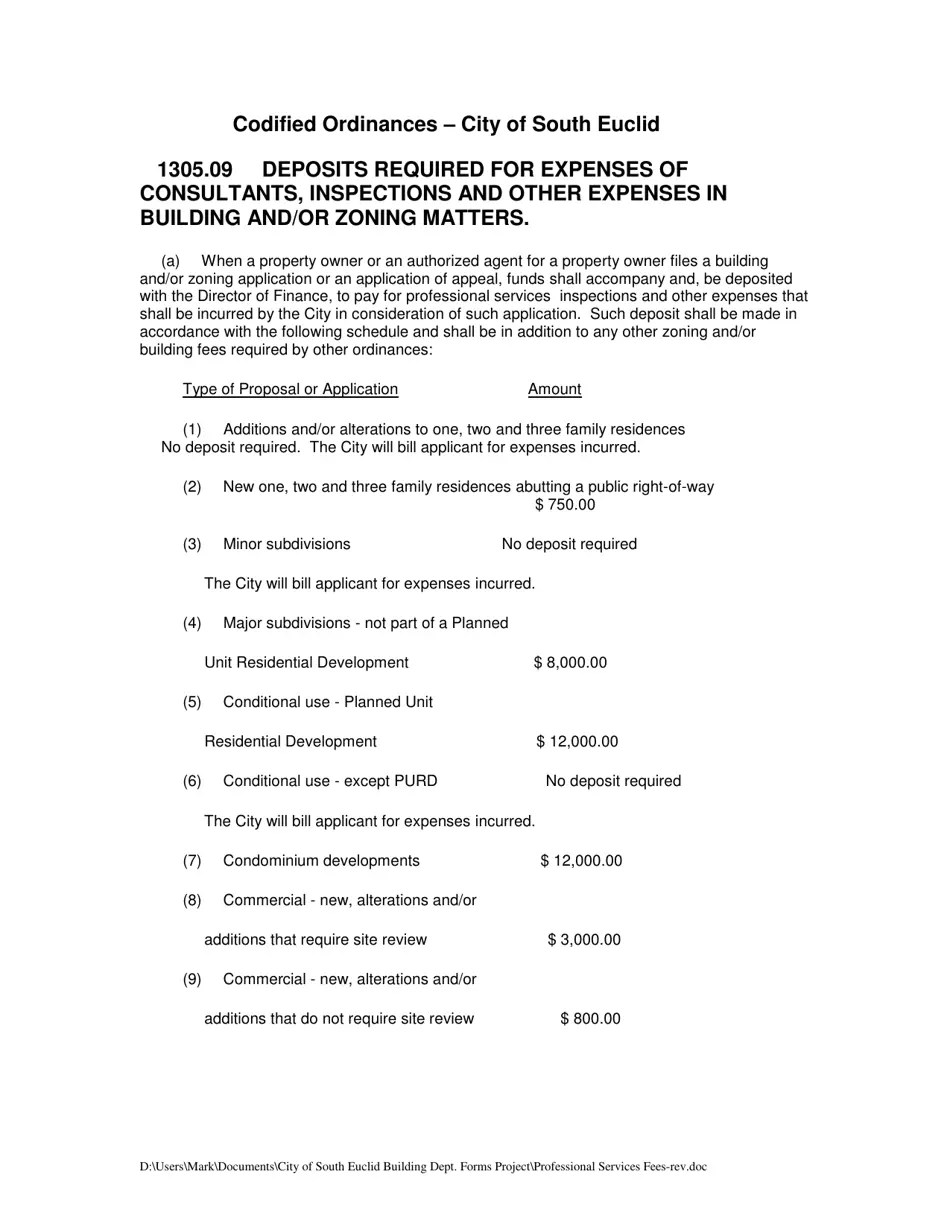 City of South Euclid, Ohio Professional Services Fees Fill Out, Sign