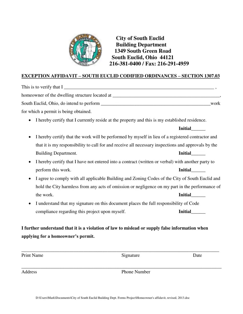 City of South Euclid, Ohio Homeowner's Exception Affidavit Fill Out