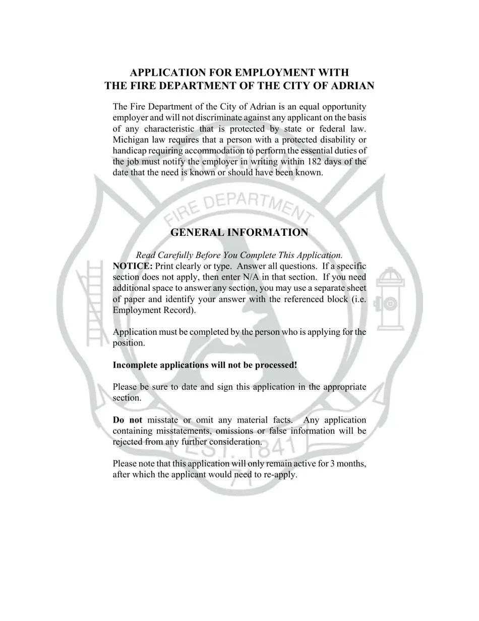 City of Adrian, Michigan Application for Fulltime and PaidOn Call