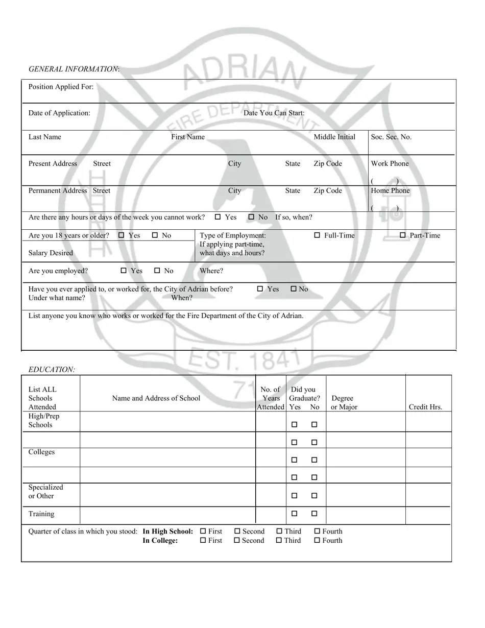City of Adrian, Michigan Application for Fulltime and PaidOn Call