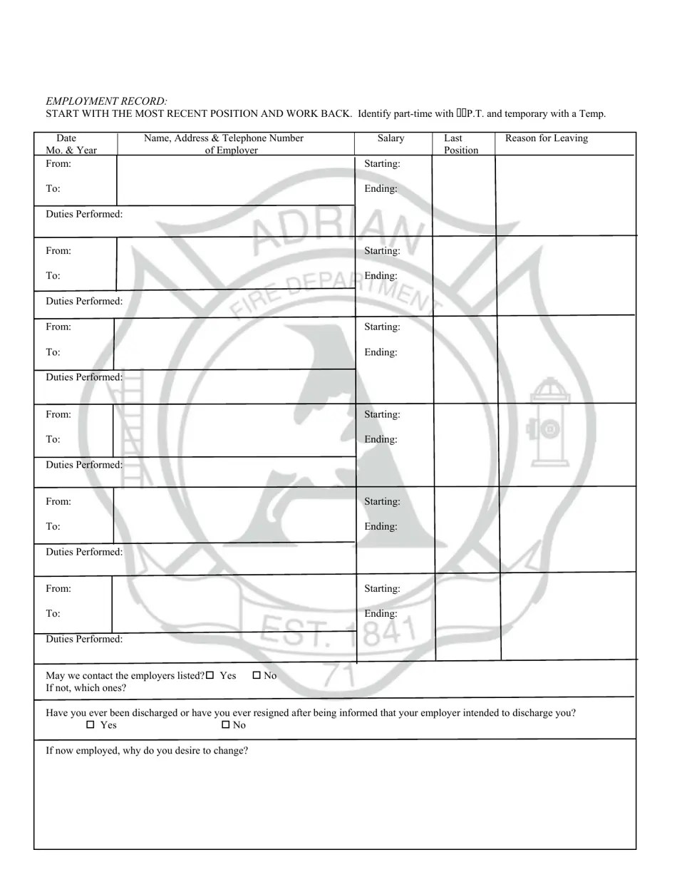 City of Adrian, Michigan Application for Fulltime and PaidOn Call