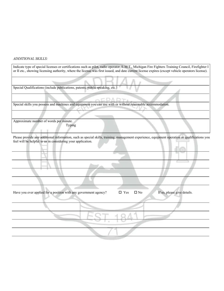 City of Adrian, Michigan Application for Fulltime and PaidOn Call