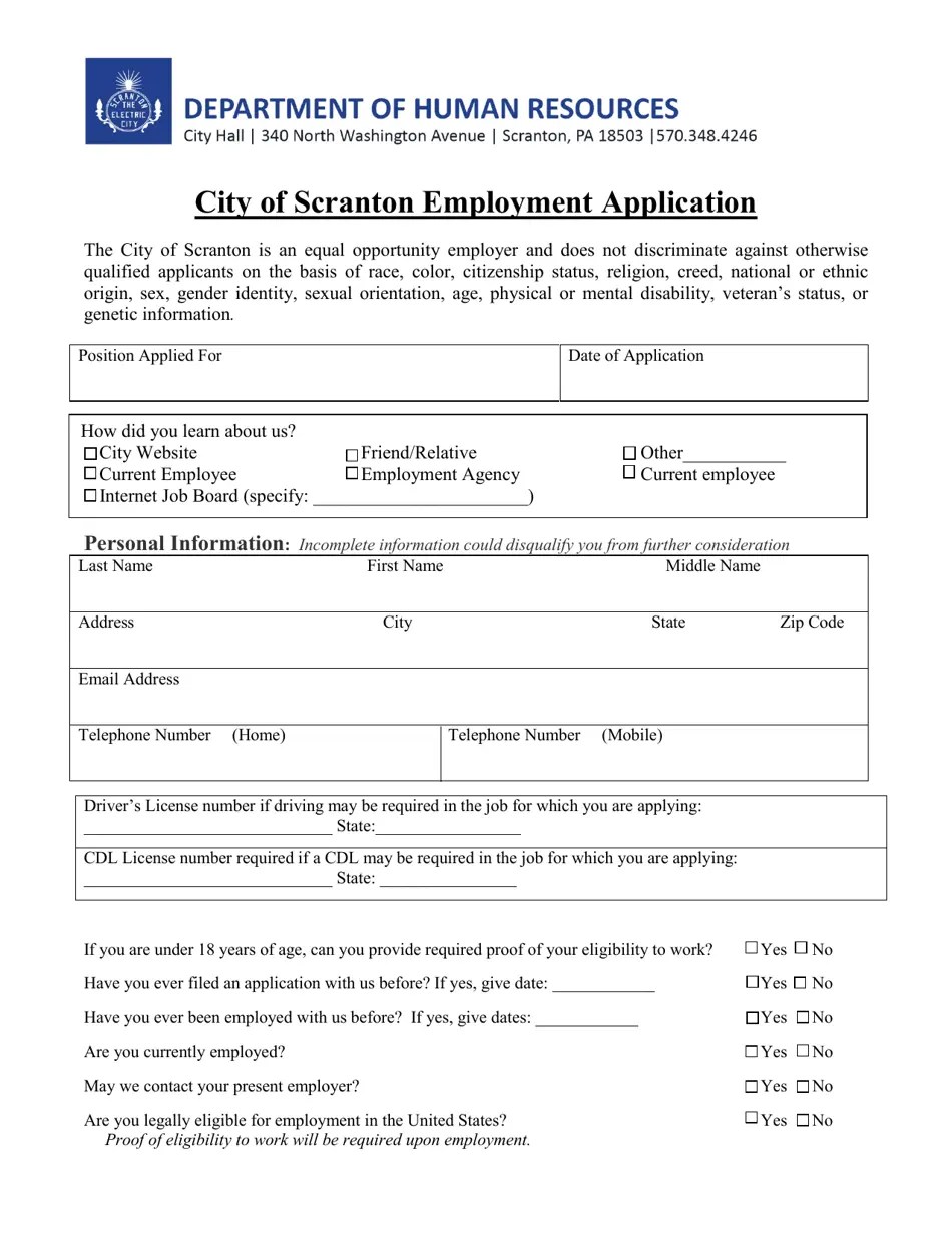 City of Scranton, Pennsylvania Employment Application Download