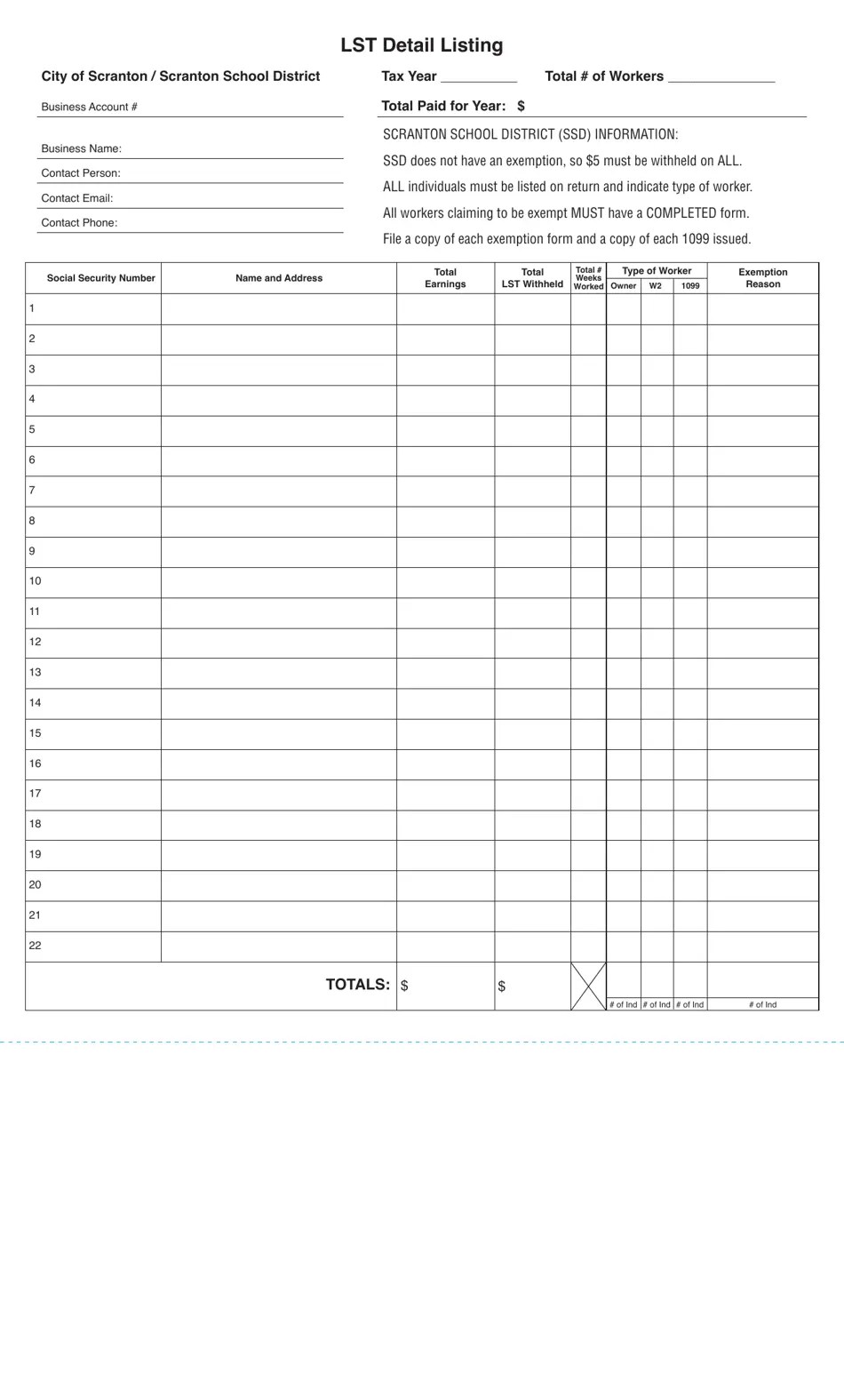 Form LST (W3 LST) 2022 Fill Out, Sign Online and Download Printable PDF, City of Scranton