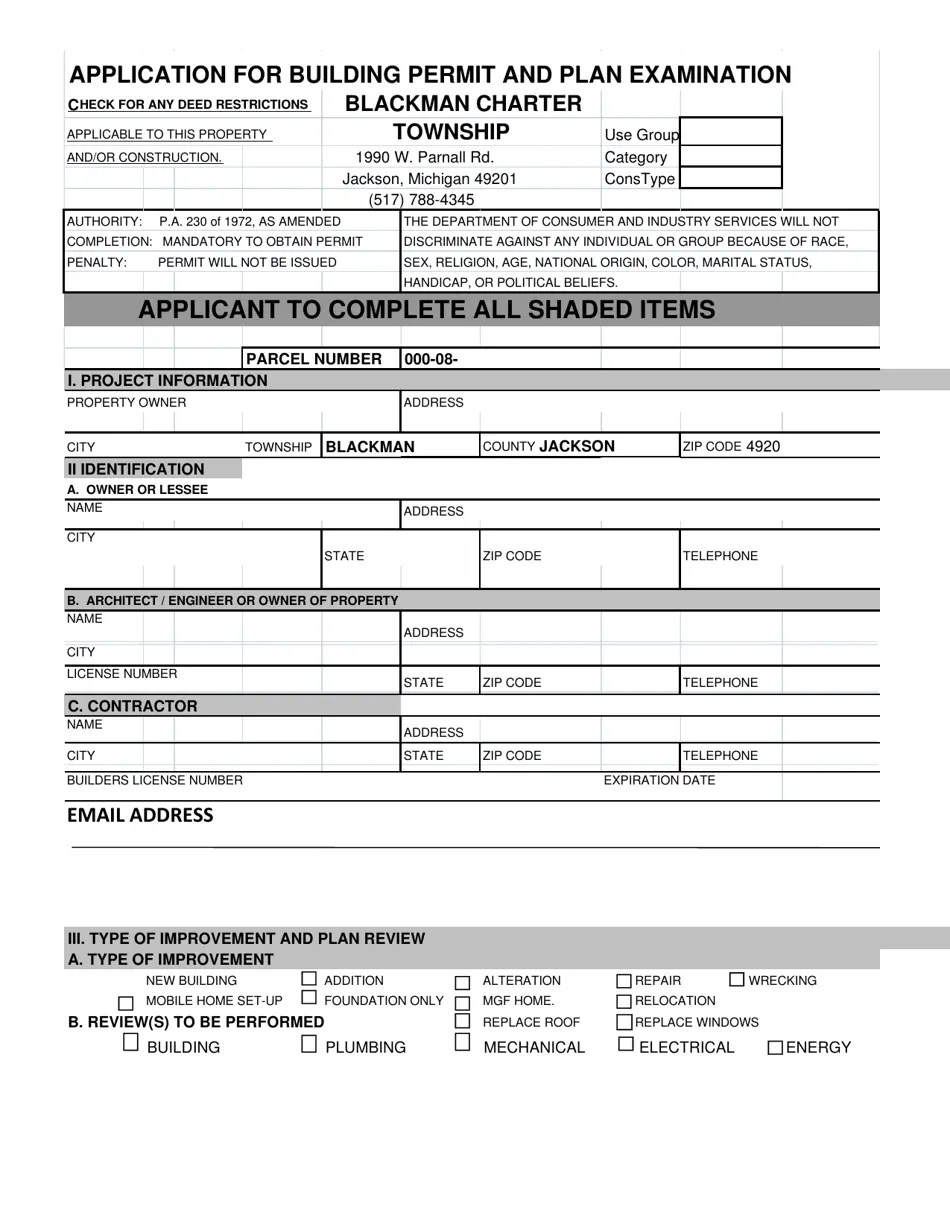 Blackman Charter Township, Michigan Application for Building Permit and