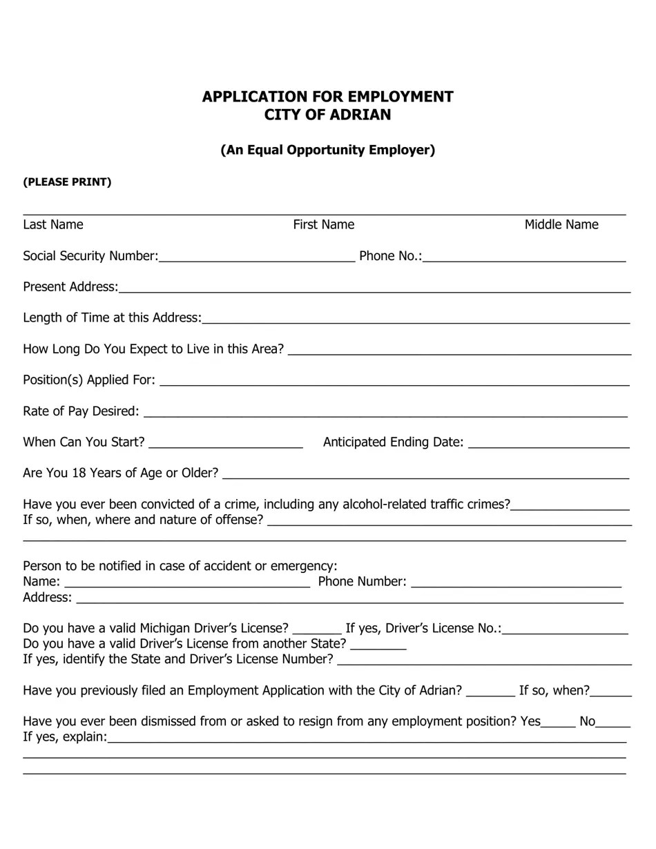 City of Adrian, Michigan Seasonal Application for Employment Fill Out
