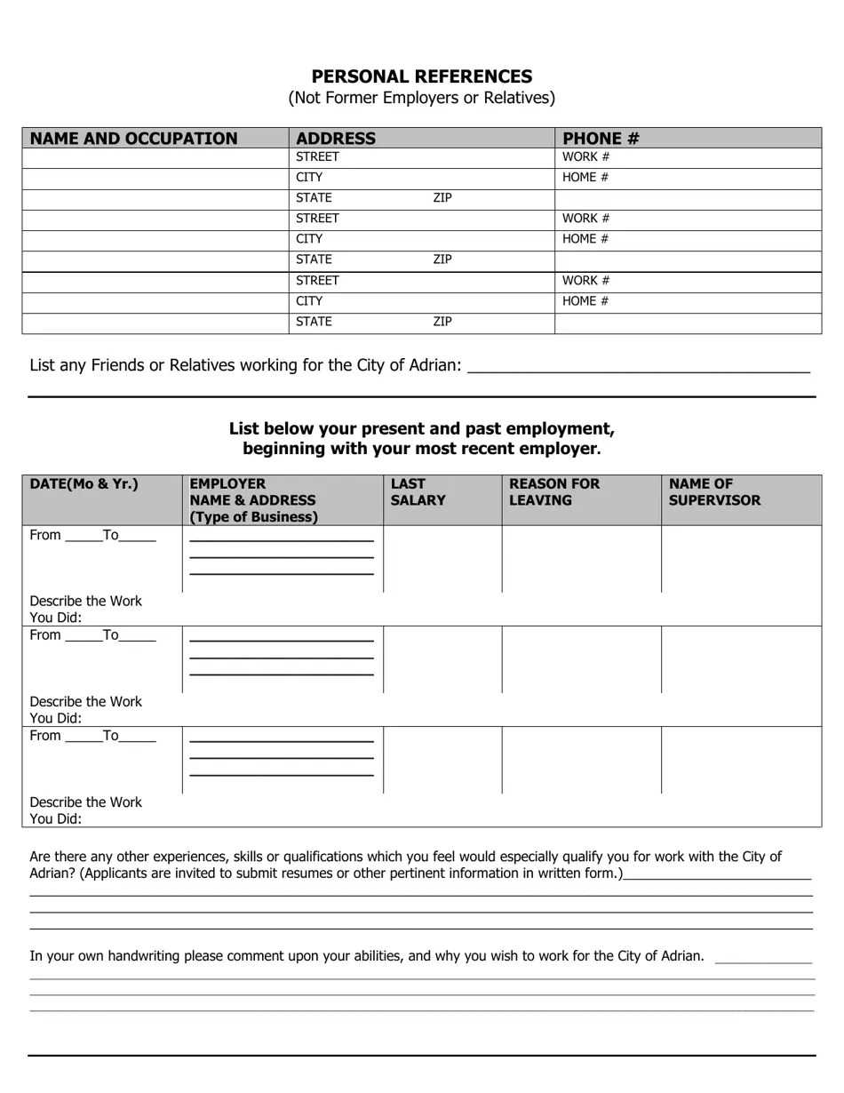 City of Adrian, Michigan Seasonal Application for Employment Fill Out