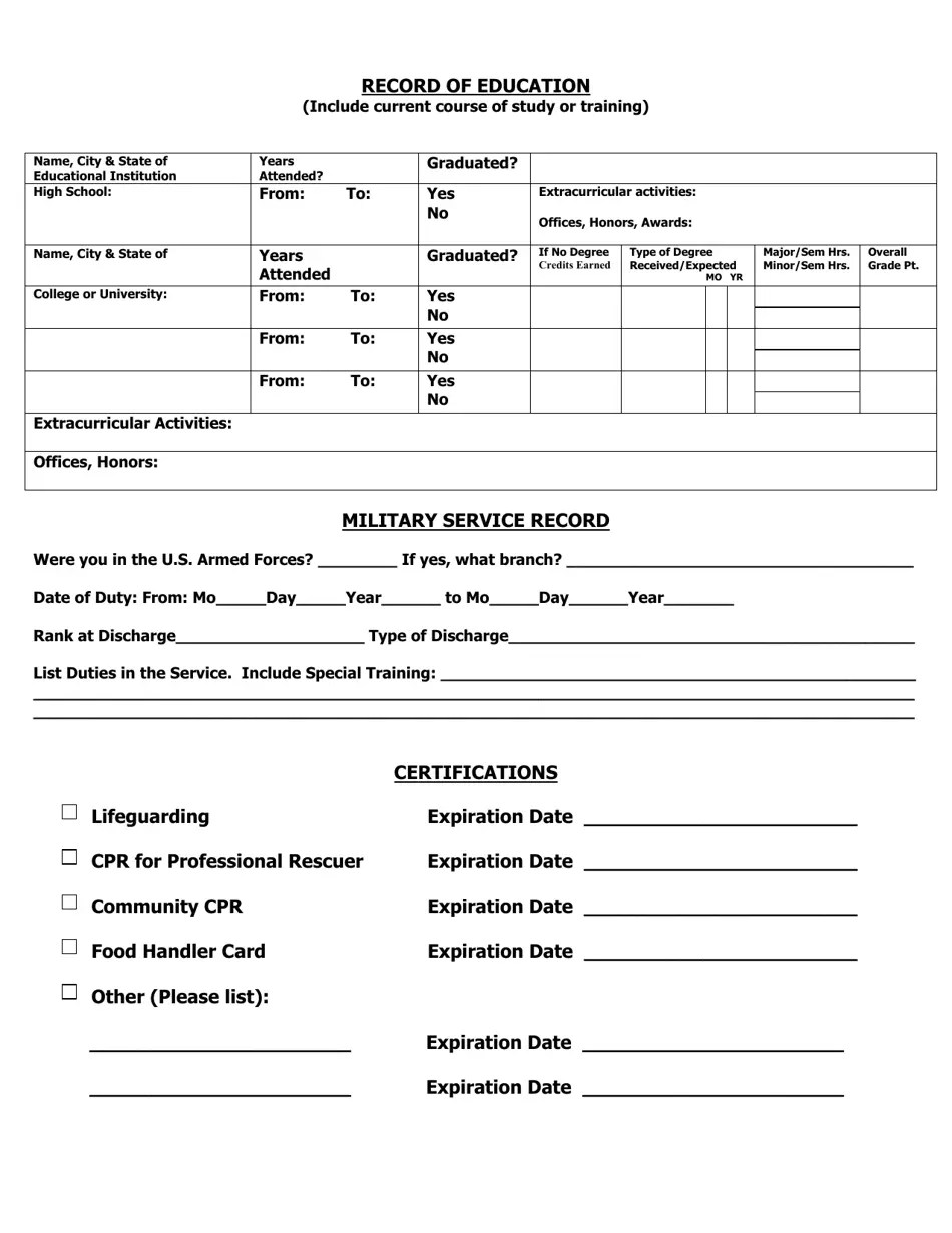 City of Adrian, Michigan Seasonal Application for Employment Fill Out