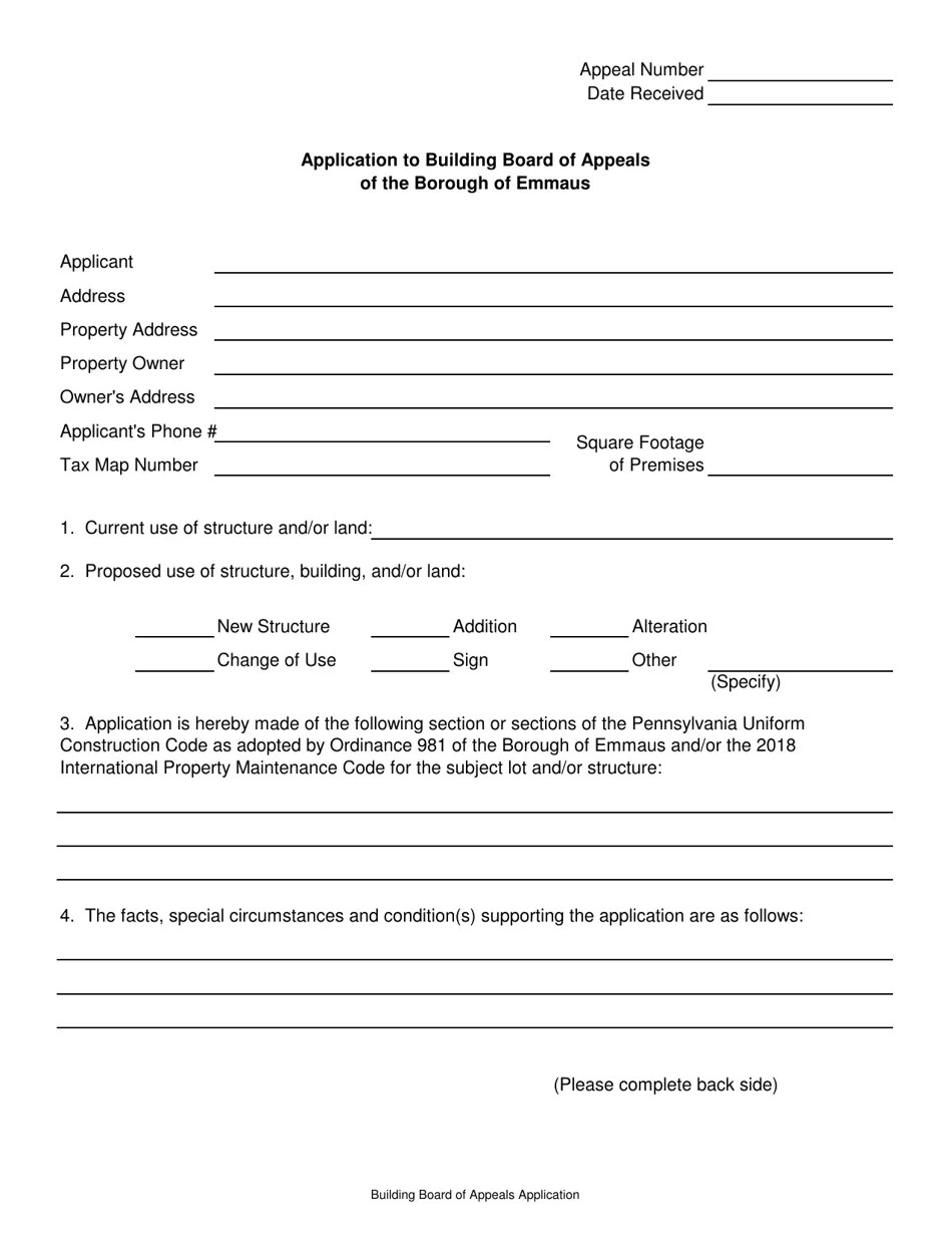 Borough of Emmaus, Pennsylvania Application to Building Board of