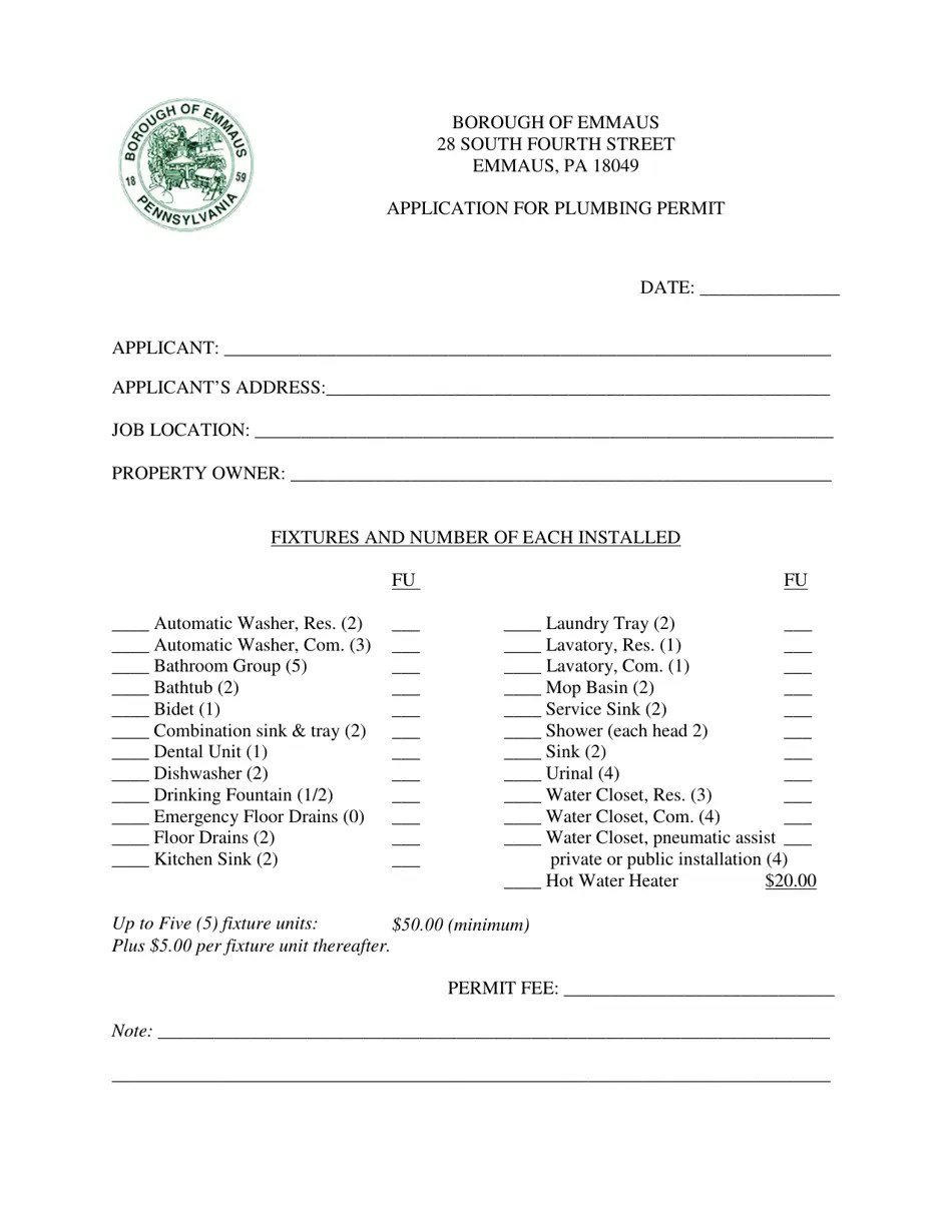 Borough of Emmaus, Pennsylvania Application for Plumbing Permit Fill