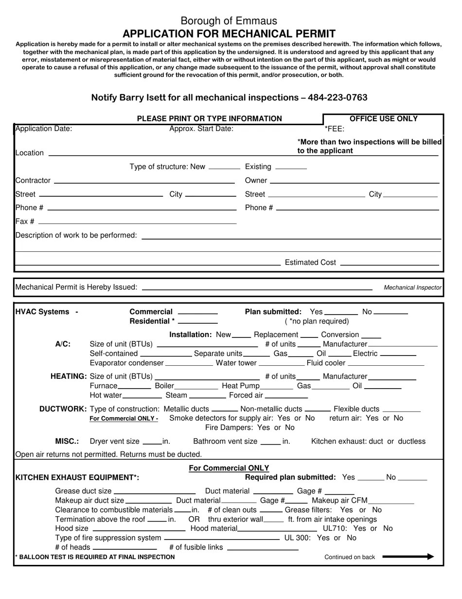Borough of Emmaus, Pennsylvania Application for Mechanical Permit