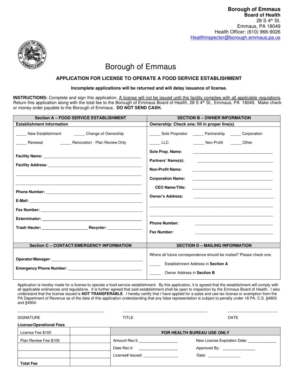 Borough of Emmaus, Pennsylvania Application for License to Operate a