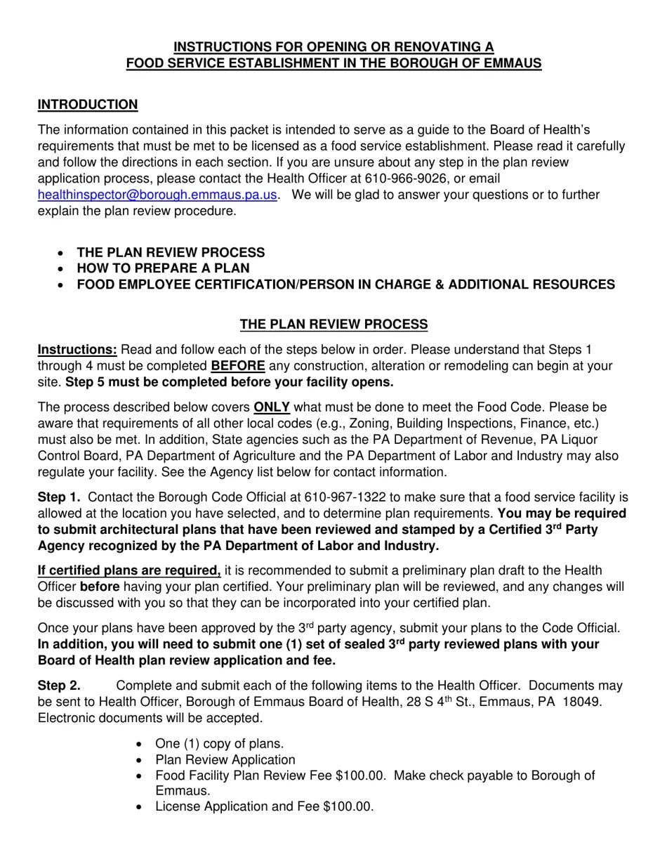 Borough of Emmaus, Pennsylvania Instructions for Opening or Renovating