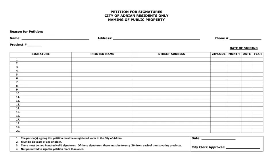 City of Adrian, Michigan Petition for Signatures Naming of Public