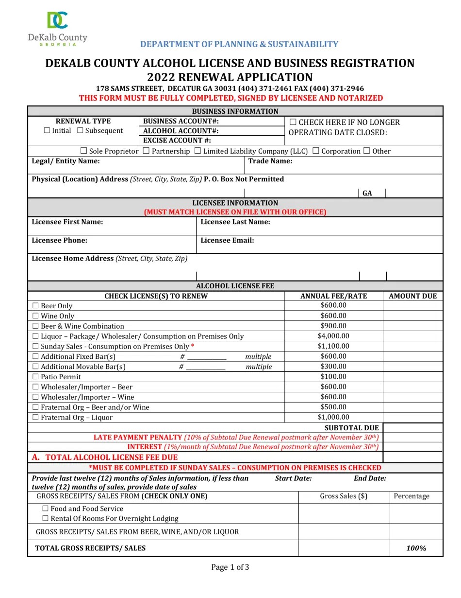 2022 DeKalb County, (United States) Alcohol License and