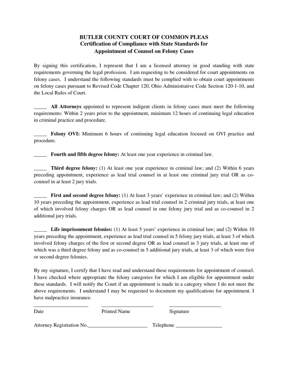 Butler County, Ohio Application for Approval as Indigent Criminal