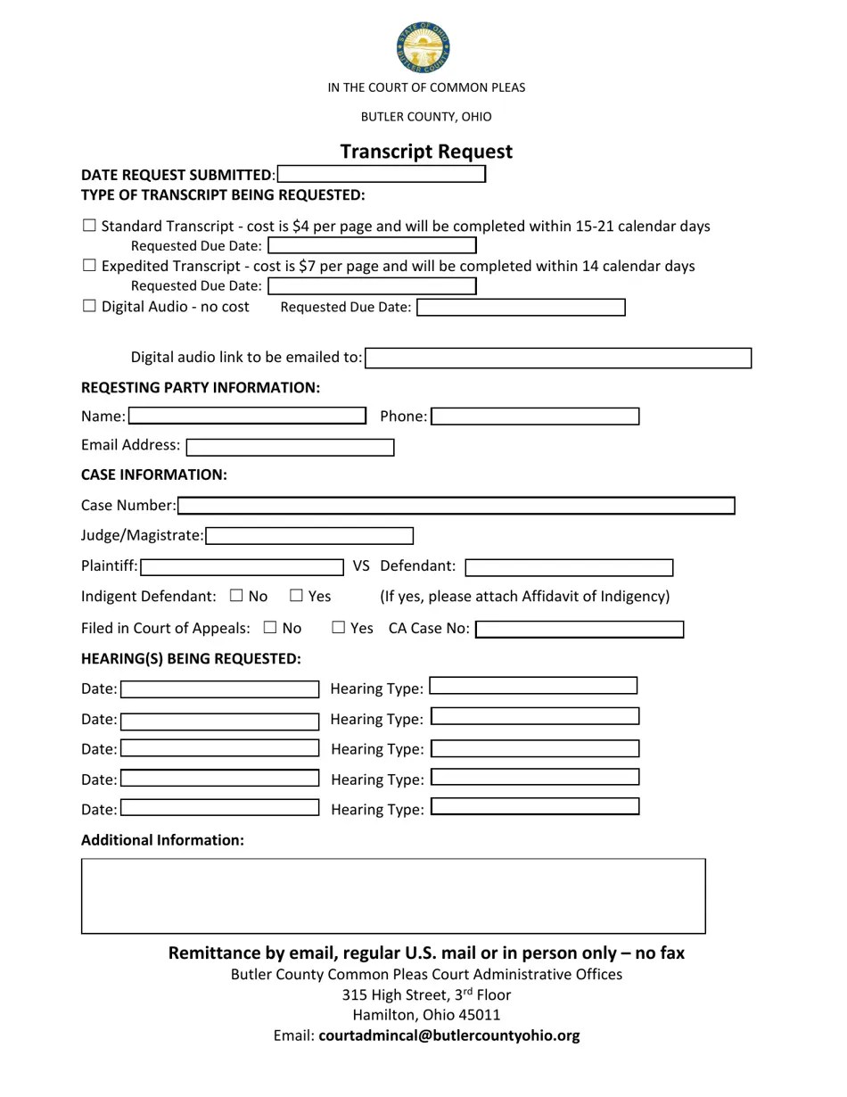 Butler County, Ohio Transcript Request Fill Out, Sign Online and