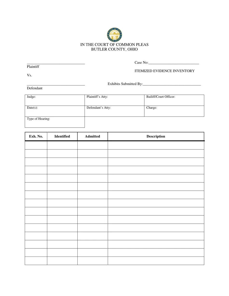 Butler County, Ohio Itemized Evidence Inventory Fill Out, Sign Online