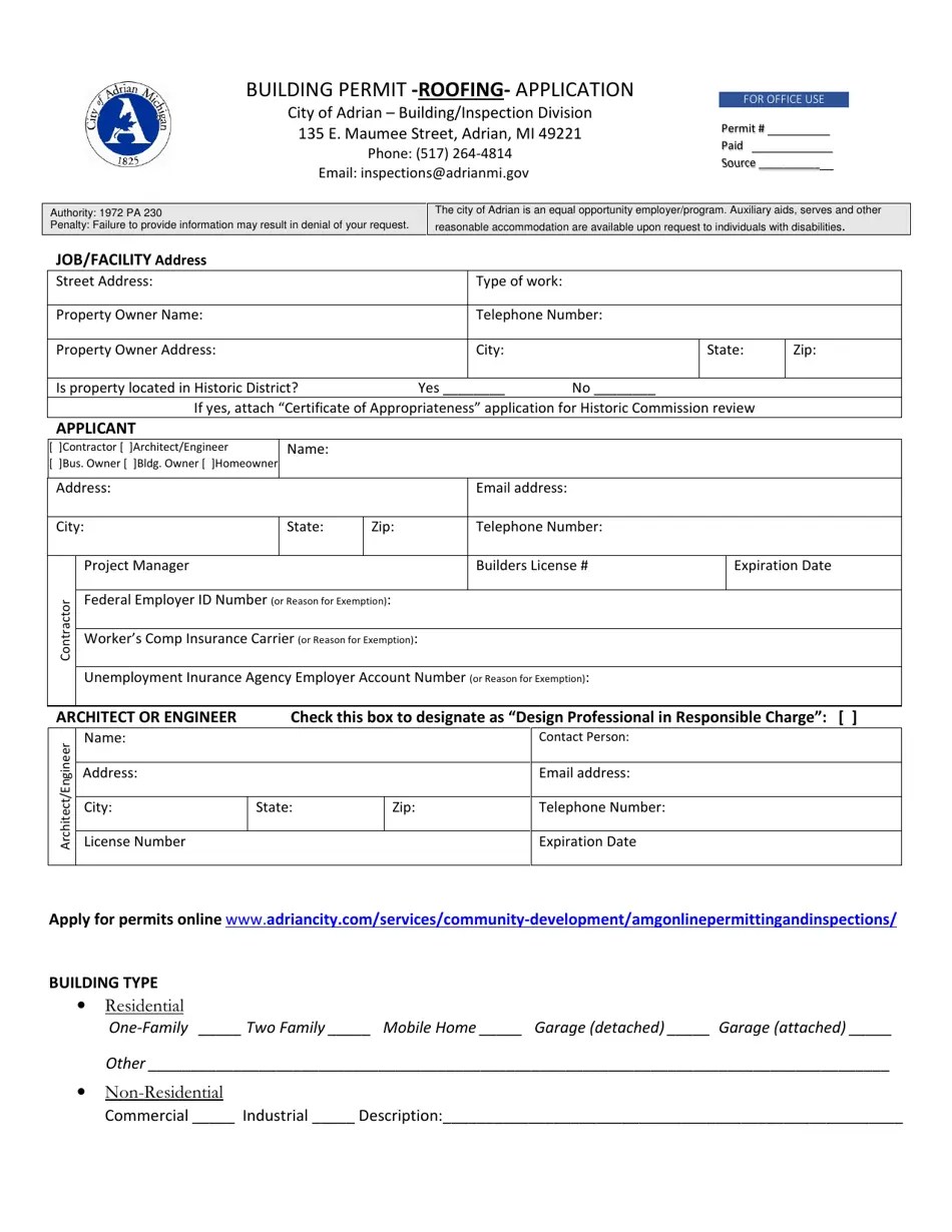 City of Adrian, Michigan Building Permit Application Roofing Fill