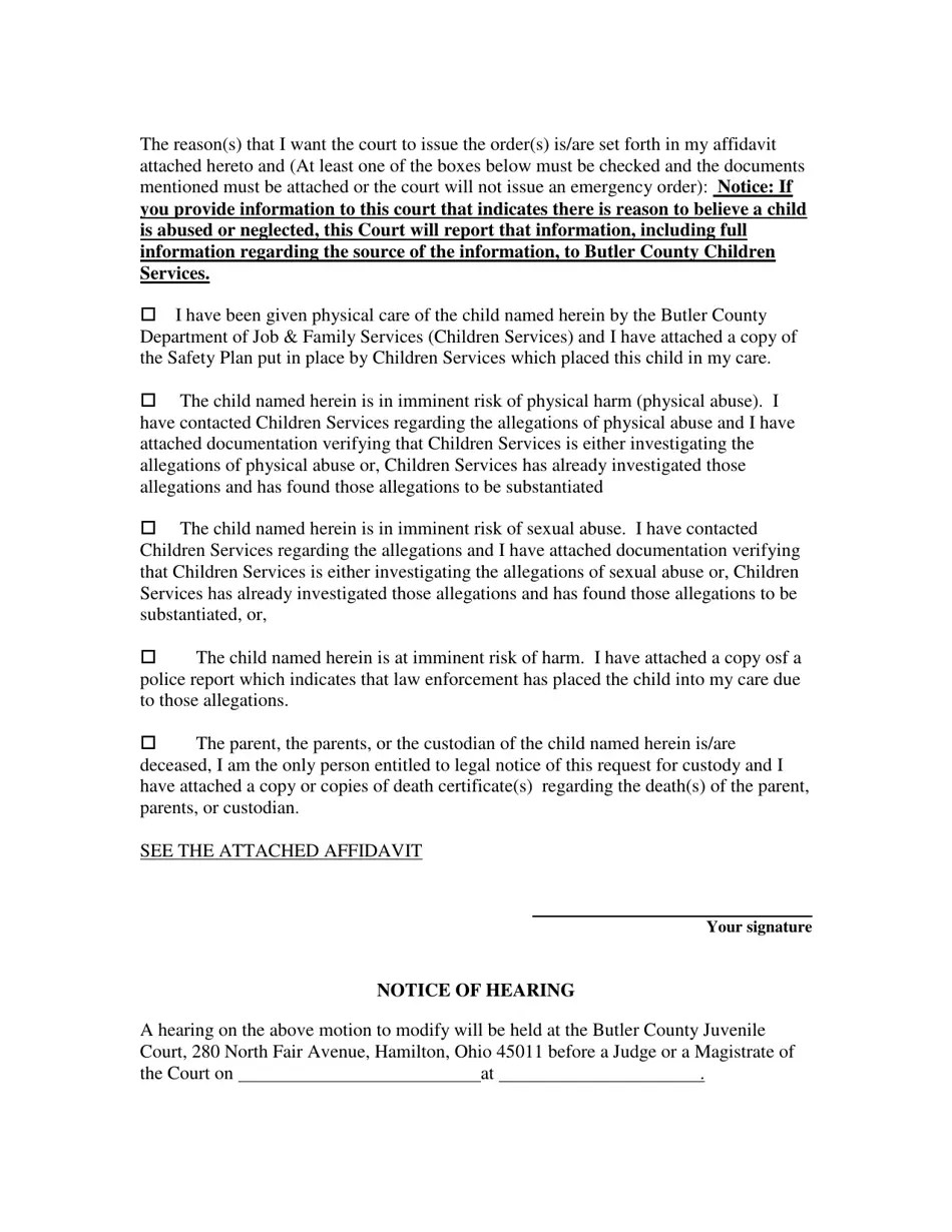 Butler County, Ohio Motion for an Emergency Order of Custody and/or