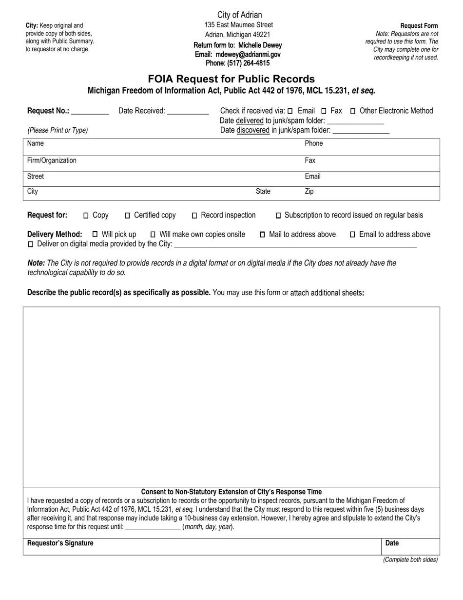 City of Adrian, Michigan Foia Request for Public Records Fill Out