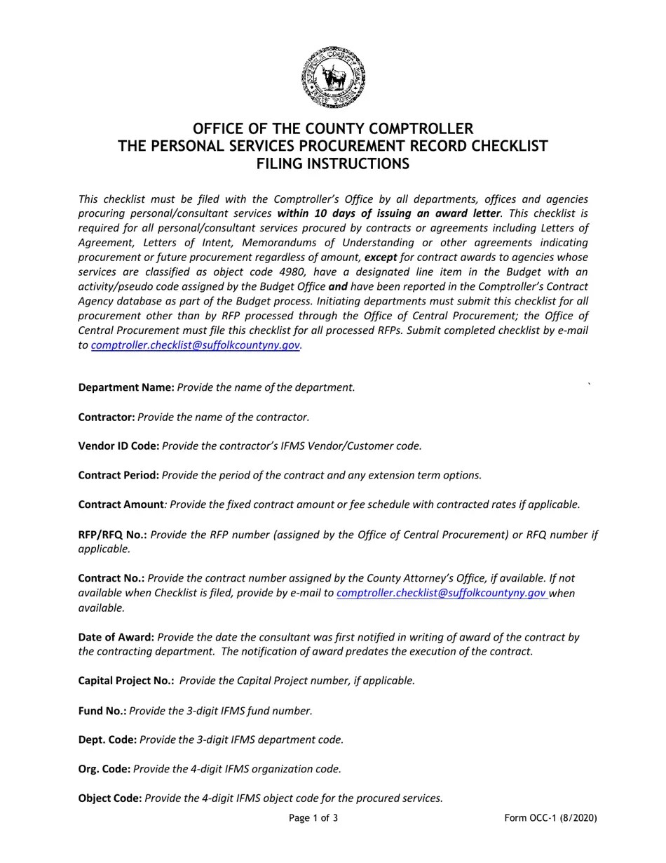 Download Instructions for Form OCC1 The Personal Services Procurement