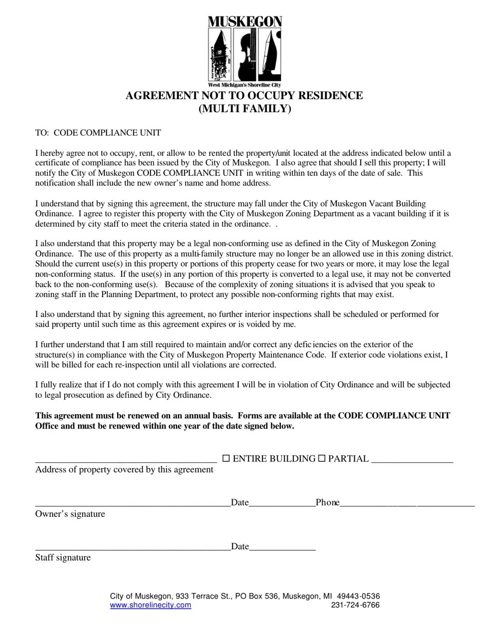 City of Muskegon, Michigan Agreement Not to Occupy Residence (Multi